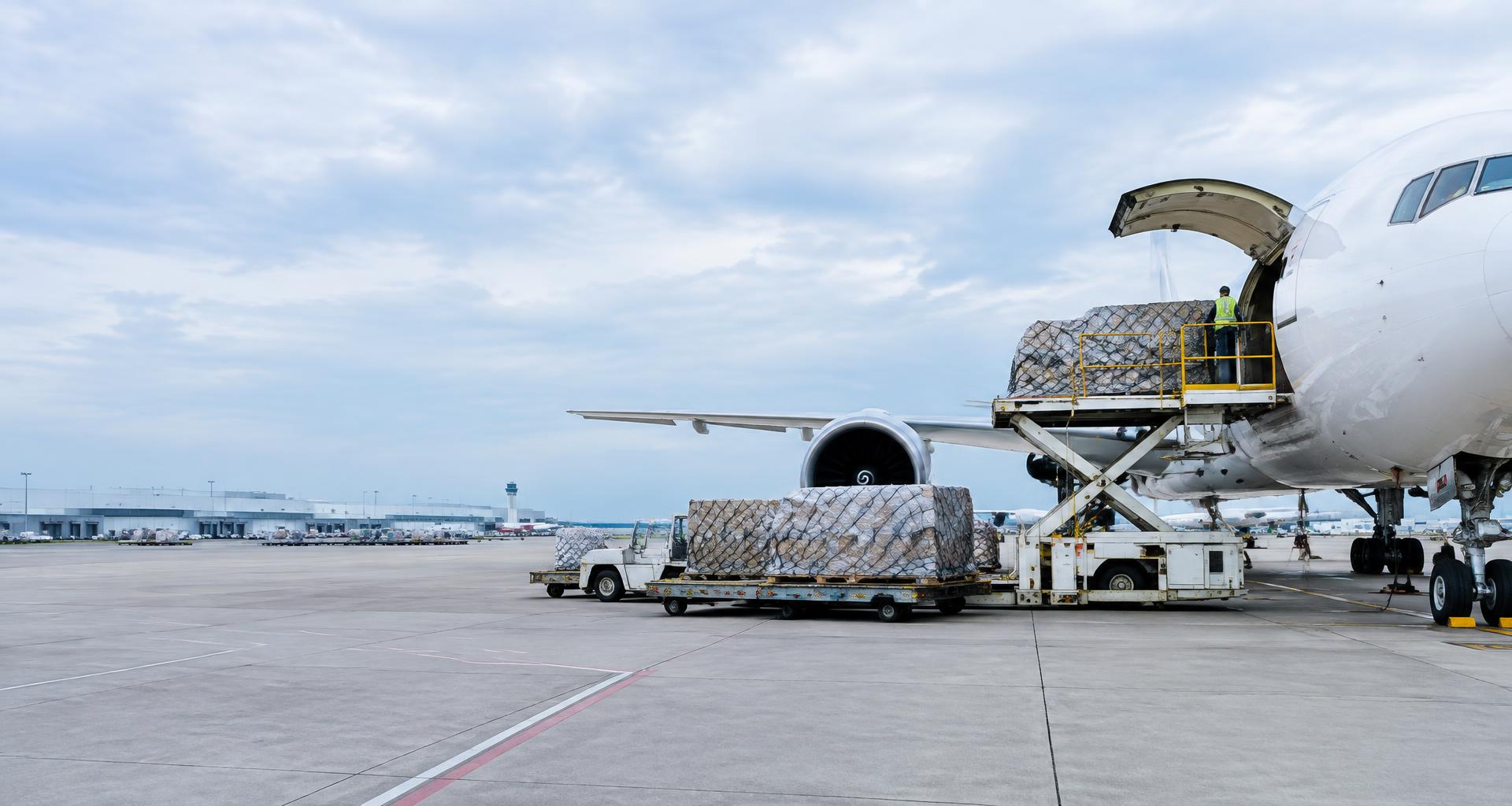 Air freight cargo being prepared for aircraft loading